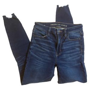 American Eagle Super High Rise Dark Wash Raw Hem Jegging